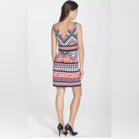 Eliza J popover shift dress, pink navy geo pattern, sz 8, EUC - Picture 4 of 14